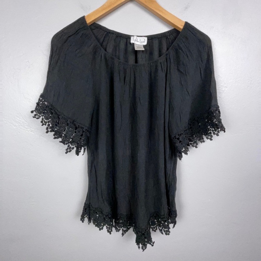 Linda Leal Top L Black Crochet Lace Trim Short Sleeve Gauze Whimsigoth Witchy